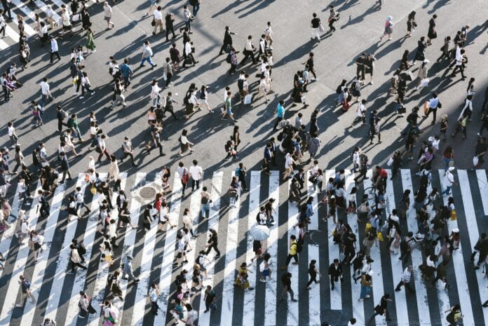about 3000 people across the shibuya crossing at a timethey look like army of ants from this point