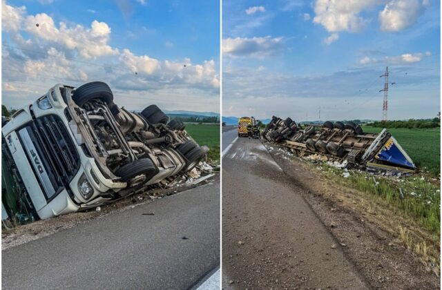 Na rýchlostnej ceste R4 sa prevrátil kamión
